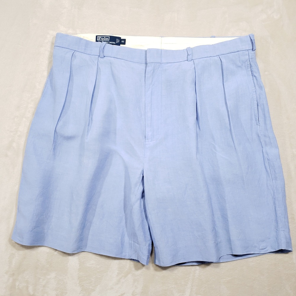 Polo Ralph Lauren Silk Linen Vintage Shorts Men 40 Blue Pleated Summer 9" Inseam